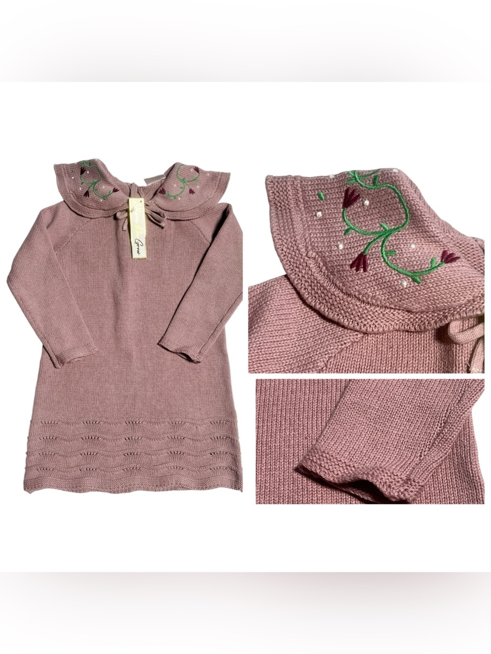 Where We Grow mauve pink knit floral embroidered sweater dress size 18 mo NWT